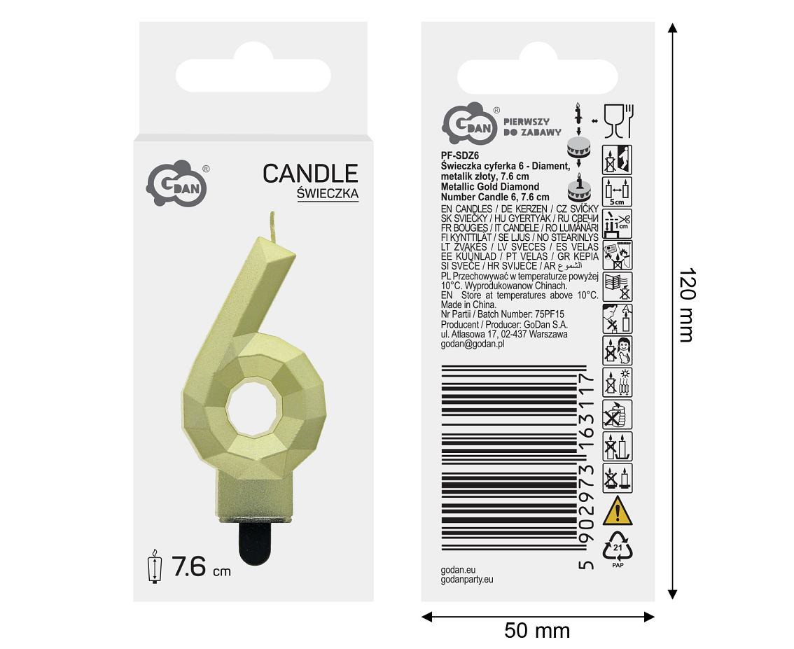 Digit candle 6 - Diamond , metallic gold, 7.6 cm
